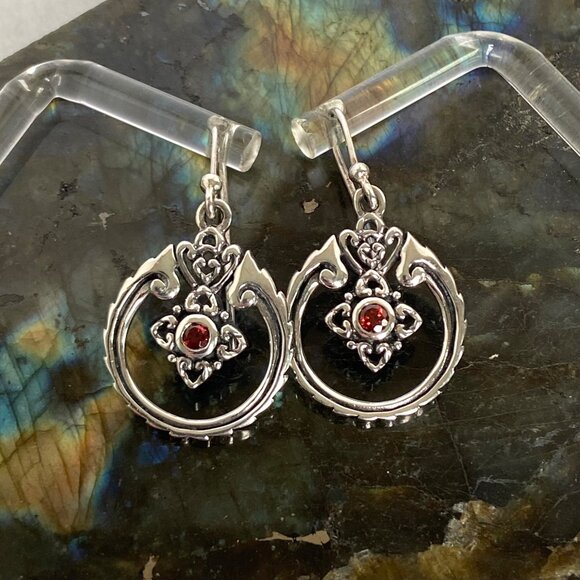Sterling Silver 925 SX Thailand Garnet Scrollwork Dangle Drop Earrings - Picture 11 of 16